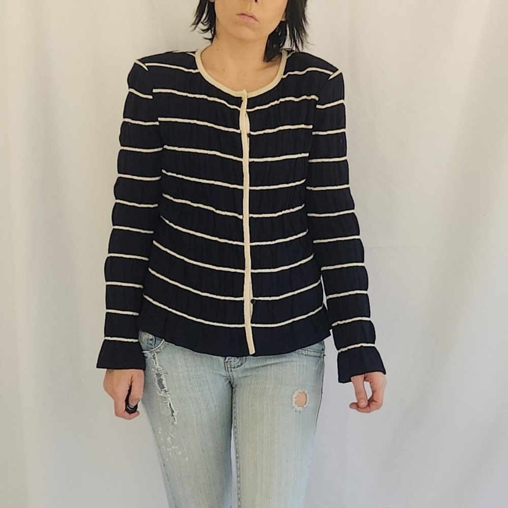 St John Navy and Cream Wool‎ Blend Cardigan